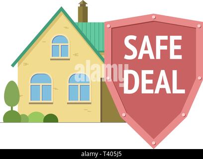 House with shield with safe deal words. Secure real estate transaction. Vector isolated illustration Stock Vector