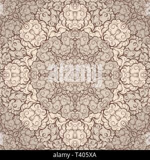 Clouds hand drawn abstract seamless pattern. Overcloud color texture. Beige and brown cloudy swirls drawing. Smoke, wind chinese style sketch. Textile, wrapping paper, background vector illustration Stock Vector