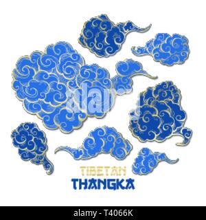 Chinese or Tibetian Golden Outline and Blue Vector Clouds Collection. Asian Oriental Artistic Tangka Illustration. Paper Art Style Stock Vector