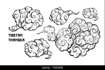 Brown clouds and wind blows hand drawn vector illustration. Smoke ink pen clipart. Chinese art abstract drawing with red calligraphic lettering. Sketch clouds, overcloud set. Isolated design elements Stock Vector