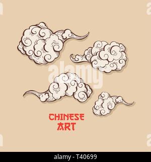 Brown clouds and wind blows hand drawn vector illustration. Smoke ink pen clipart. Chinese art abstract drawing with red calligraphic lettering. Sketch clouds, overcloud set. Isolated design elements Stock Vector