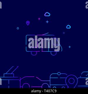 Microbus or Shuttle Bus Vector Line Illustration. Public Transport Gradient Icon, Symbol, Sign. Dark Blue Background. Related Bottom Border. Stock Vector