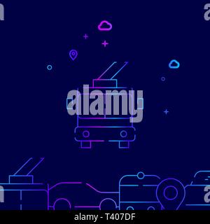 Trolleybus Front View Vector Line Illustration. Public Transport Gradient Icon, Symbol, Sign. Dark Blue Background. Related Bottom Border. Stock Vector