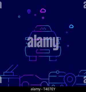 Taxi Car Vector Line Illustration. Public Transport Gradient Icon, Symbol, Sign. Dark Blue Background. Related Bottom Border. Stock Vector