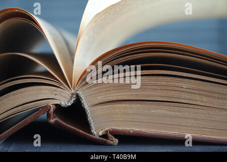 Extreme close-up of an open book on a wooden surface against the background of a gray wall, the concept of education and training. Stock Photo