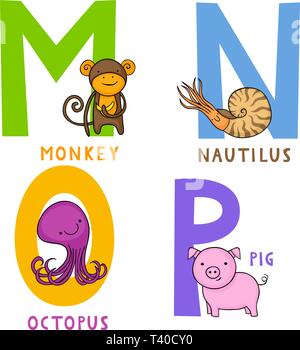 English animal alphabet M, N, O and P letters with cute cartoon monkey, nautilus, octopus and pig Stock Vector