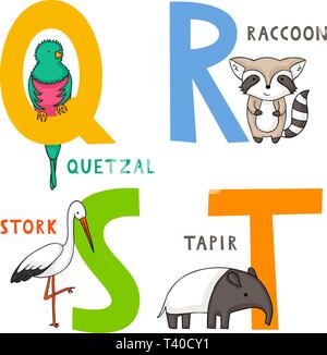 English animal alphabet Q, R, S and T letters with cute cartoon quetzal, raccoon, stork and tapir. Stock Vector