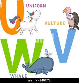 English animal alphabet U, V and W letters with cute cartoon unicorn, vulture and whale Stock Vector