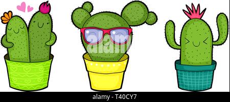 Set of three flower pots with happy cactuses illustration. Stock Vector