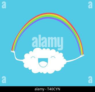 Cute kawaii style illustration of a cloud playing with a rainbow Stock Vector