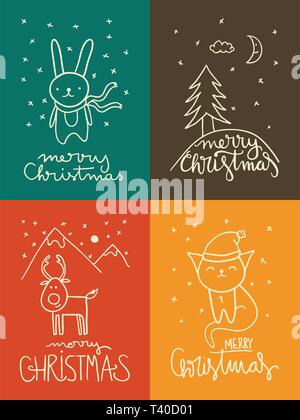 Set of four Christmas cards with simple childish drawings and handlettering. Stock Vector