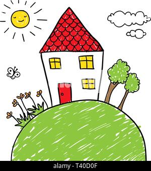Children's drawing style house with trees and flowers on a hill. Place your for text. Stock Vector