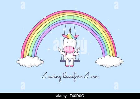 Cute cartoon unicorn swinging on a rainbow, with a funny quote proving unicorns exist Stock Vector