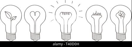 Set of five light bulbs showing different concept such as green energy, love, idea and revolutionary idea. Line drawing. Stock Vector
