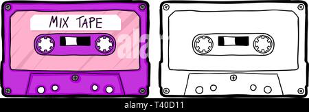 Colored and outline version of a retro music cassette tape Stock Vector