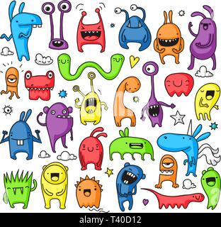 Cute, colorful, childish doodle monsters and creatures Stock Vector