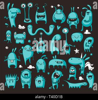 Cute and childish doodle monsters and creatures on a dark background Stock Vector