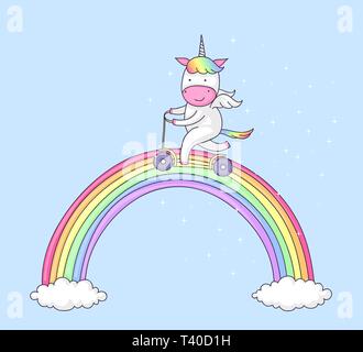 Cute cartoon of a unicorn riding a push scooter on a rainbow Stock Vector