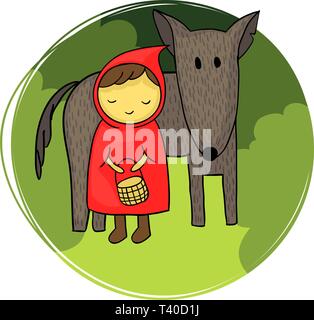 Cute and naive illustration of Little Red Riding Hood and the big bad wolf. Stock Vector