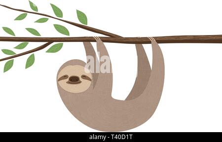 Illustration of cute sloth hanging on a tree branch Stock Vector