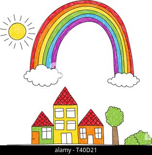 Childish drawing of a small street with three houses and a rainbow with imprefect coloring. Stock Vector