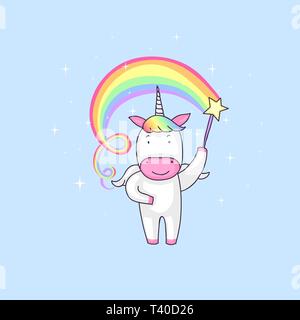 Cute cartoon of a unicorn creating rainbow with a magic stick Stock Vector