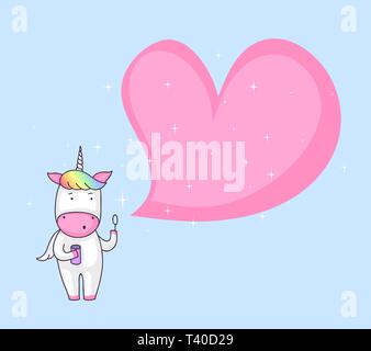 Cute cartoon of a unicorn blowing a heart shaped soap bubble Stock Vector