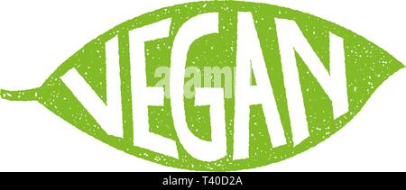Green leaf with rubber stamp effect and hand lettering of the text vegan for labels. Stock Vector