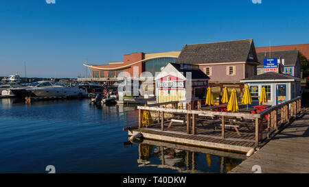 Floating restaurants at the city port, downtown of Charlottetown, Prince Edward Island, Canada in the morning Stock Photo
