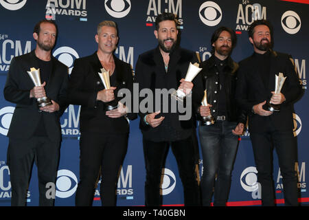 April 7, 2019 - Las Vegas, NV, USA - LAS VEGAS - APR 7:  Trevor Rosen, Brad Tursi, Matthew Ramsey, Geoff Sprung, Whit Sellers, Old Dominion at the 54th Academy of Country Music Awards at the MGM Grand Garden Arena on April 7, 2019 in Las Vegas, NV (Credit Image: © Kay Blake/ZUMA Wire) Stock Photo