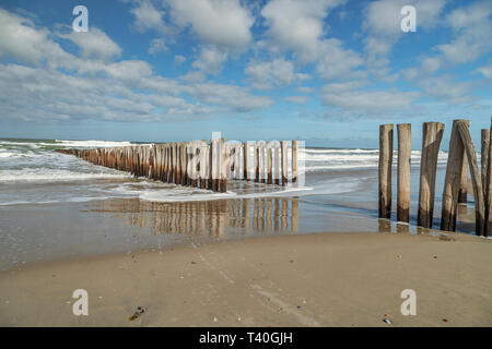 Timber Piles reflected in the North Sea at Domburg Beach at Springtime / Netherlands Stock Photo