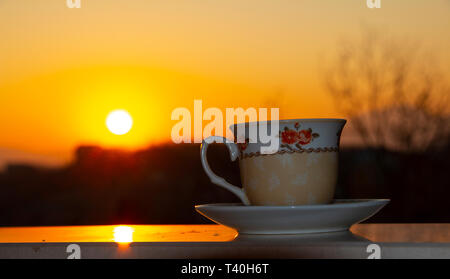 Silhouettes of sunrise morning coffee Stock Photo