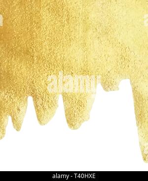 Gold paint drip isolated on white background golden foil or water metallic melt texture vector gold liquid sparkle border with copy space Stock Vector