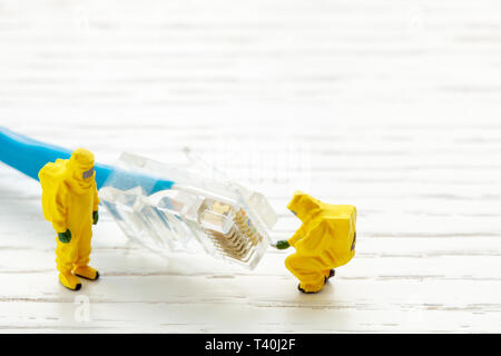 Technical support. Problem with internet connection. Fault analysis by specialists through twisted pair cable. Copy space for text Stock Photo