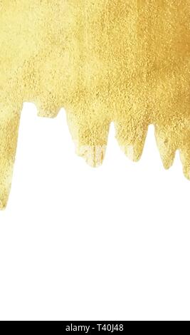 Gold paint drip isolated on white background golden foil or water metallic melt texture vector gold liquid sparkle border with copy space Stock Vector