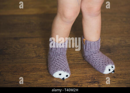 Baby feet in winter hedgehog socks on wooden background Stock Photo