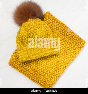 handmade knit hats on white background Stock Photo