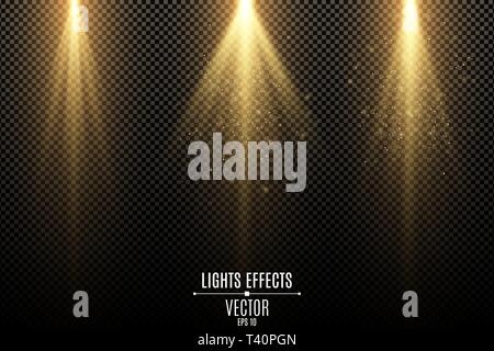 Set of golden lights effects isolated on a dark transparent background. Golden rays with flying magical dust. Lamp beams. Neon glowing. Vector illustr Stock Vector