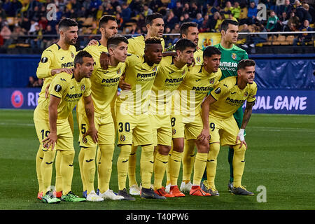 VILLAREAL, SPAIN - APRIL 11: Villarreal CF players line up prior to the UEFA Europa League Quarter Final First Leg match between Villarreal and Valencia at Estadio de la Ceramica on April 11, 2019 in Villareal, Spain. (Photo by David Aliaga/MB Media) Stock Photo