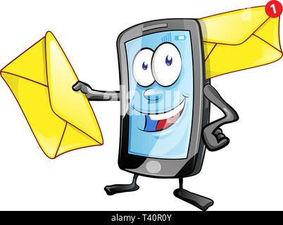 smartphone cartoon character with envelope. email notification. Clip Art Vector illustration Stock Vector