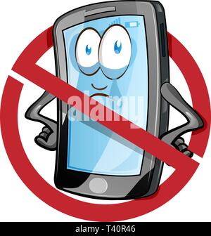 Mobile cell phone in cartoon vector style inside red banned icon. Clip Art Vector illustration Stock Vector