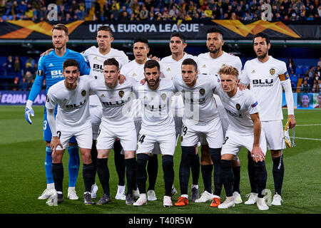 VILLAREAL, SPAIN - APRIL 11: Valencia CF players line up prior to the UEFA Europa League Quarter Final First Leg match between Villarreal and Valencia at Estadio de la Ceramica on April 11, 2019 in Villareal, Spain. (Photo by David Aliaga/MB Media) Stock Photo