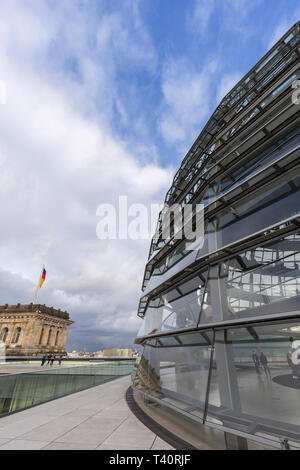 Close-up and side view of the glass dome on top of the Reichstag (German parliament) building in Berlin, Germany. Stock Photo