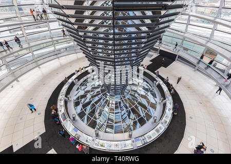 High-angle view of mirrored cone and interior of the futuristic glass dome on top of the Reichstag (German parliament) building in Berlin, Germany. Stock Photo