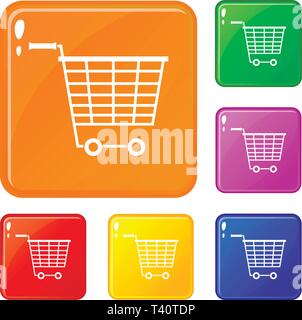 Empty supermarket cart with plastic handles icons set vector color Stock Vector