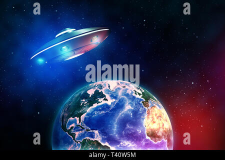 3d rendering of silver metal UFO above the Earth planet on dark outer space background Stock Photo