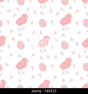 Seamless pattern with chicken, traces of chicken, decorated eggs. Happy Easter. Festive background. Design for banner, poster or print. Stock Vector