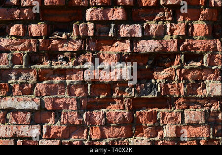 Destroyed by time and precipitation brick wall. The Background of old vintage brick wall Stock Photo