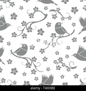 Seamless pattern with sakura branches, birds. Japan nature. Branches of cherry blossoms. Design for card, announcement, advertisement, banner or print Stock Vector