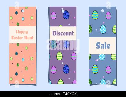 Set of vertical seasonal banners with easter eggs and butterflies. Orange and lilac color. Colorful bookmarks. Festive discount in cartoon style Stock Vector